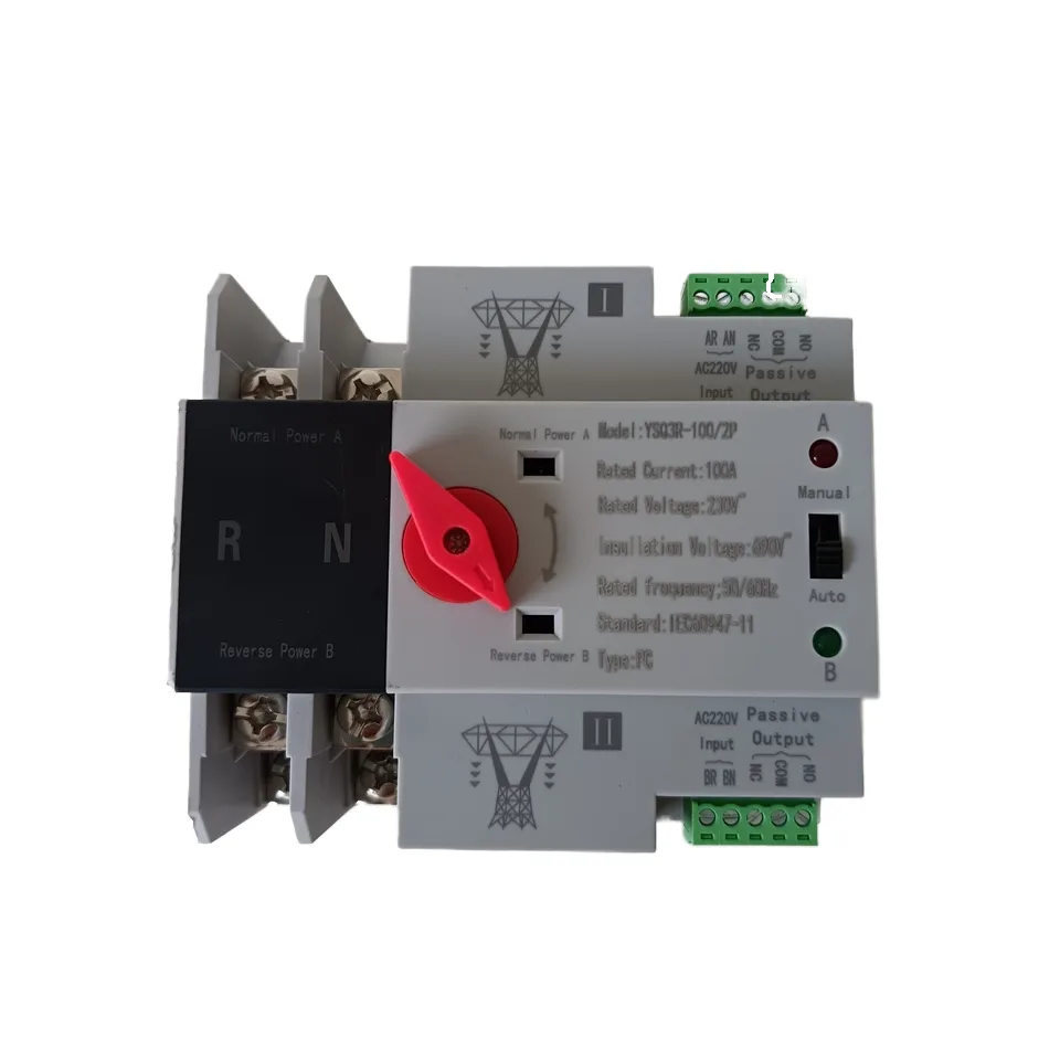 Single Phase Din Rail ATS for PV and Inverter Dual Power Automatic Transfer Selector Switches Uninterrupted 2P 100A